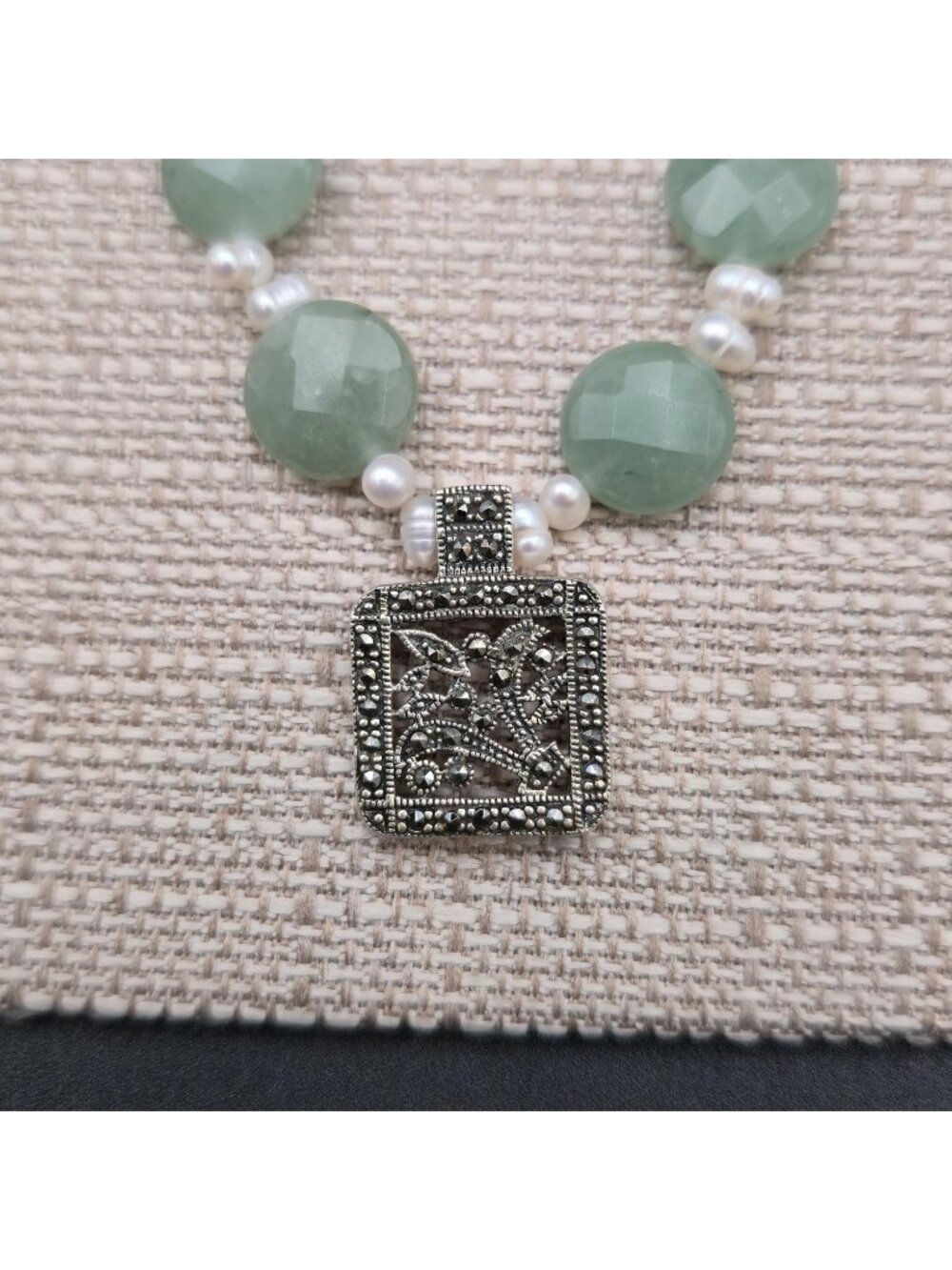16 Inch Sterling Aventurine Faceted Coin Bead Necklace With Pearl Spacers B1344 - Picture 4 of 9